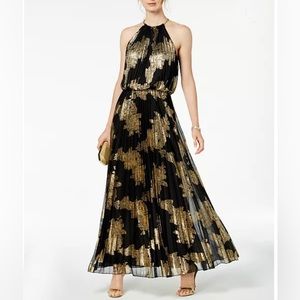 MSK pleated maxi dress, softly draped, halter neckline metallic foil print.